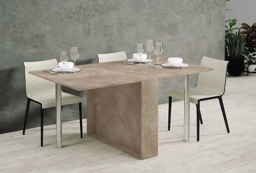 Rectangular stone-look dining table with pale chairs