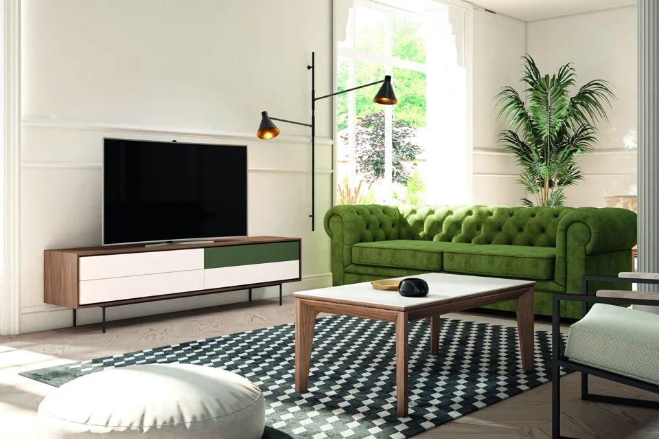 Living room with a green sofa, coffee table and low TV unit