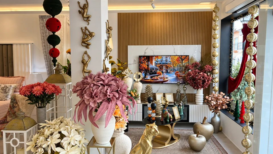 Zona de televisión, mueble bajo y decoración del showroom MÁXIMO